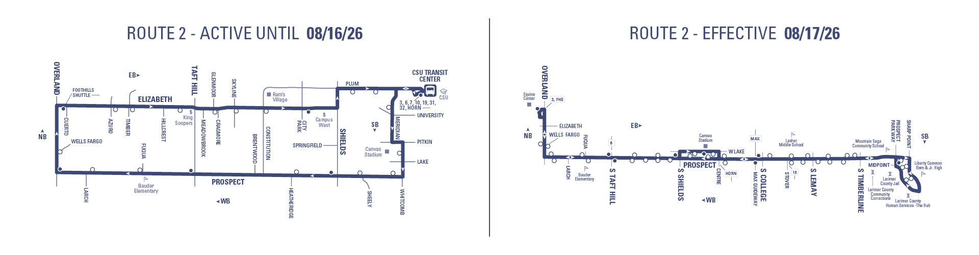 Route 2 - CSU Transit Center to Overland (Loop) via Prospect (westbound) returning via Elizabeth and Plum (eastbound)