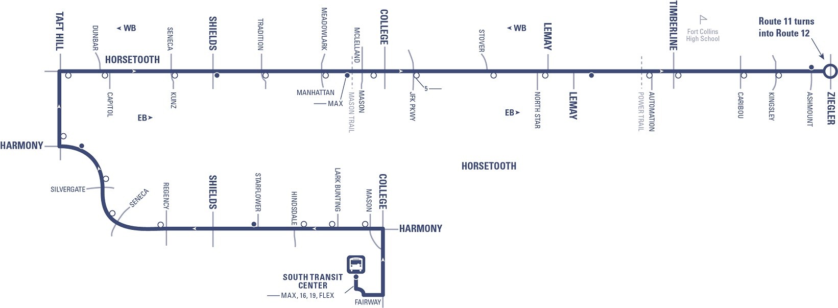 Route 11 - South Transit Center to Horsetooth and Ziegler via Harmony, Taft Hill, and Horsetooth