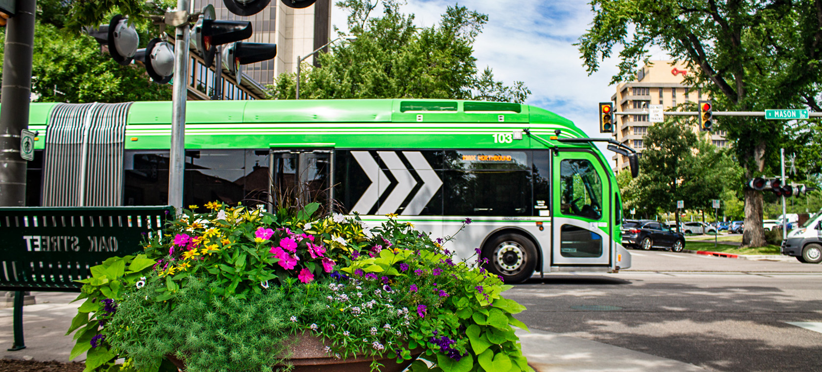 Green bus driving on busy street with building, trees, and flowers in the background.