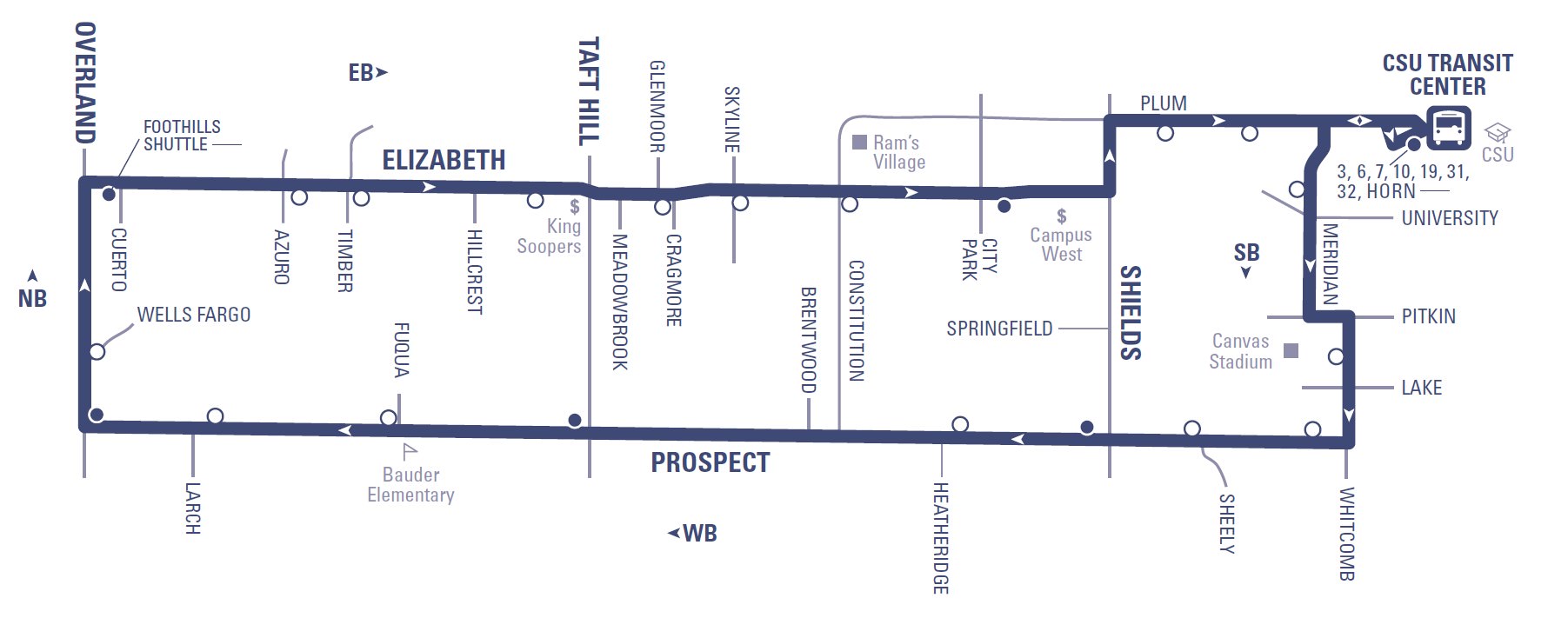 Route 2 - CSU Transit Center to Overland (Loop) via Prospect (westbound) returning via Elizabeth and Plum (eastbound)