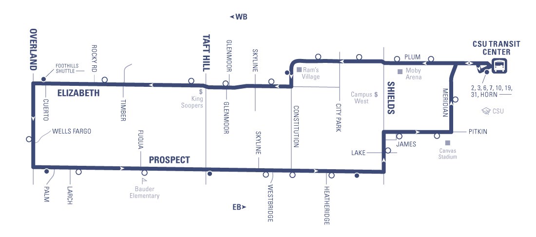 Route 32 - CSU Transit Center to Overland loop via Elizabeth (westbound) and Prospect (eastbound)