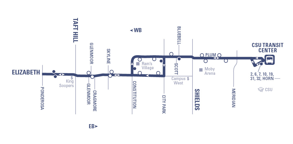 Route 3 - CSU Transit Center to Elizabeth and Ponderosa via Plum and Elizabeth