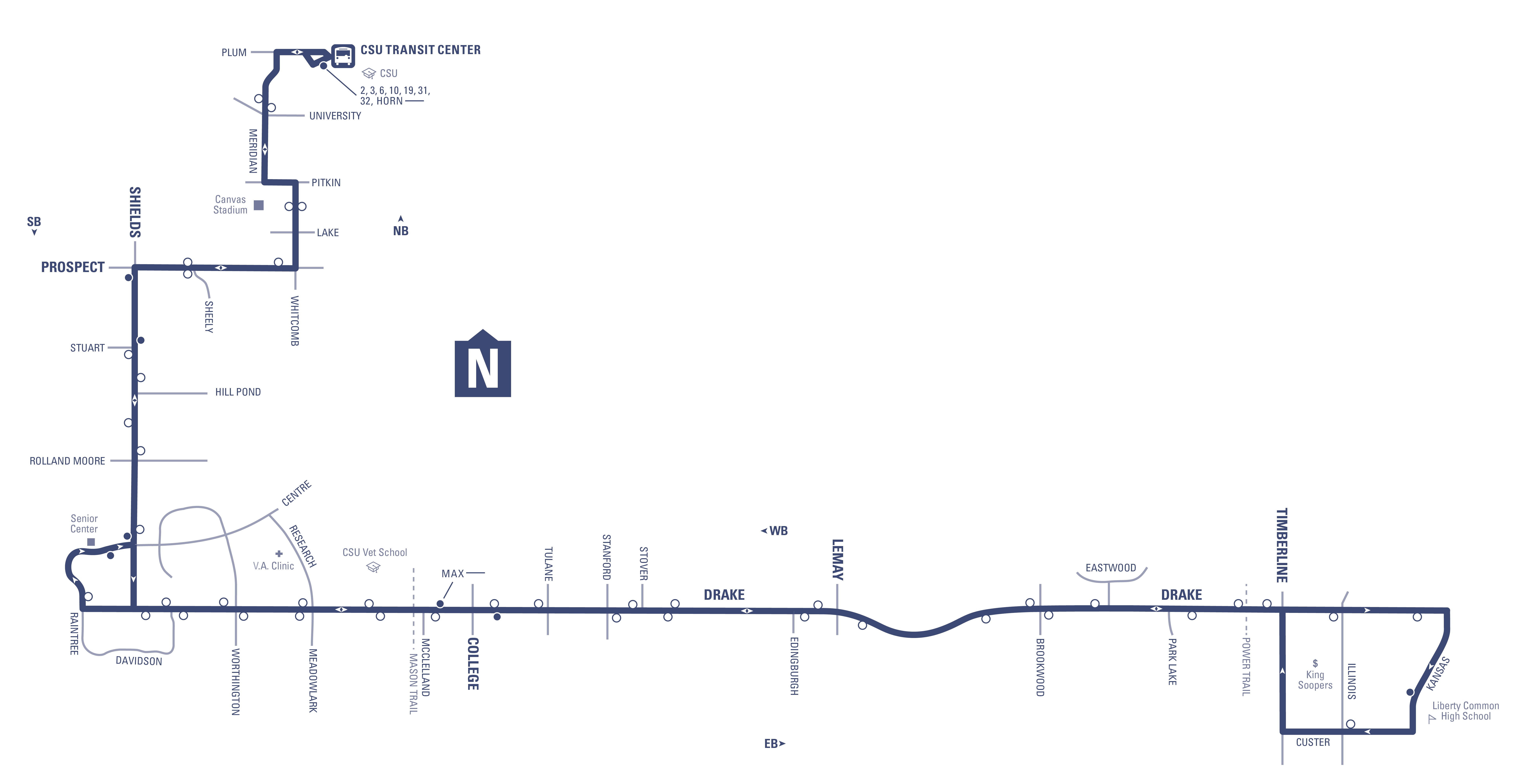 Route 7 - CSU Transit Center to Drake and Timberline via Whitcomb, Prospect, Shields and Drake