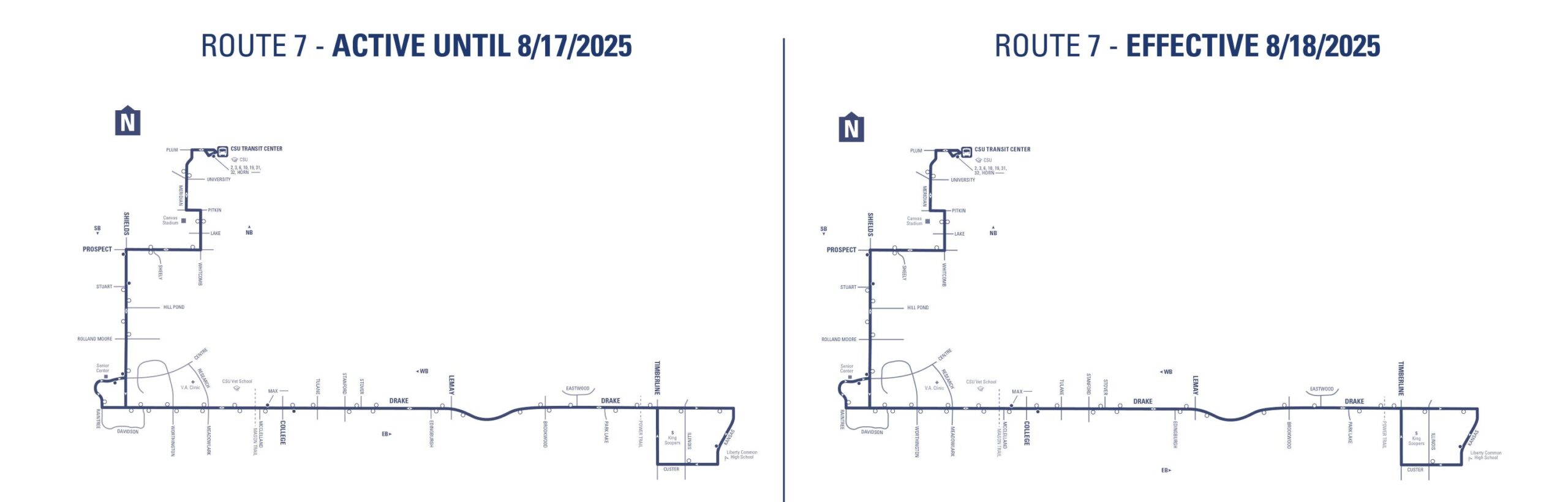 Route 7 - CSU Transit Center to Drake and Timberline via Whitcomb, Prospect, Shields and Drake