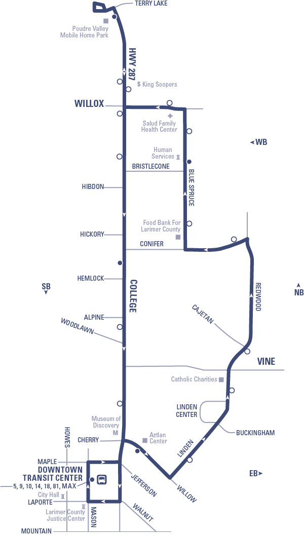 Route 8 - Downtown Transit Center to Terry Lake (loop) via Linden and Redwood (northbound) returning via College (southbound)