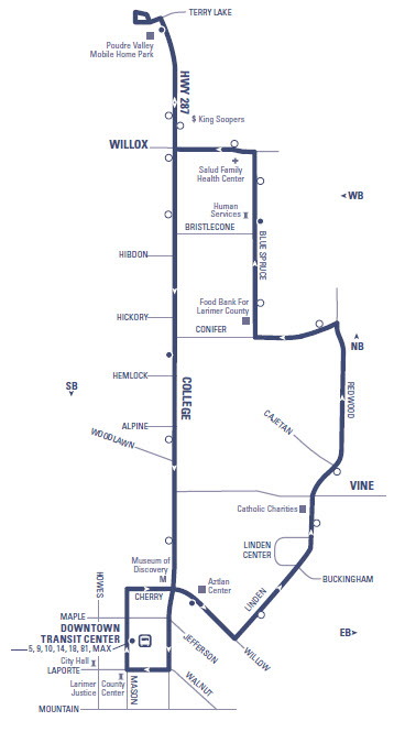 Route 8 - Downtown Transit Center to Terry Lake (loop) via Linden and Redwood (northbound) returning via College (southbound)