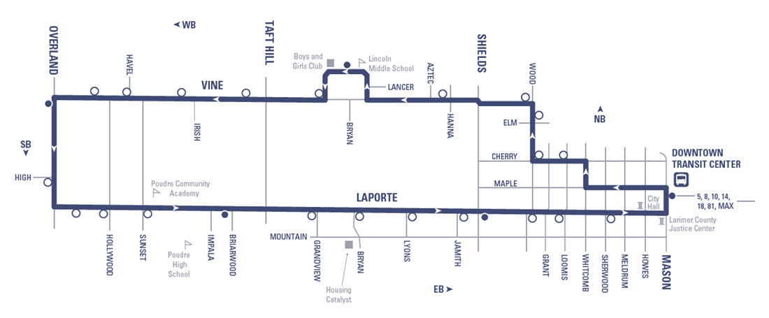 Route 9 - Downtown Transit Center to Overland (loop) via Maple and Vine (westbound) and Laporte (eastbound)