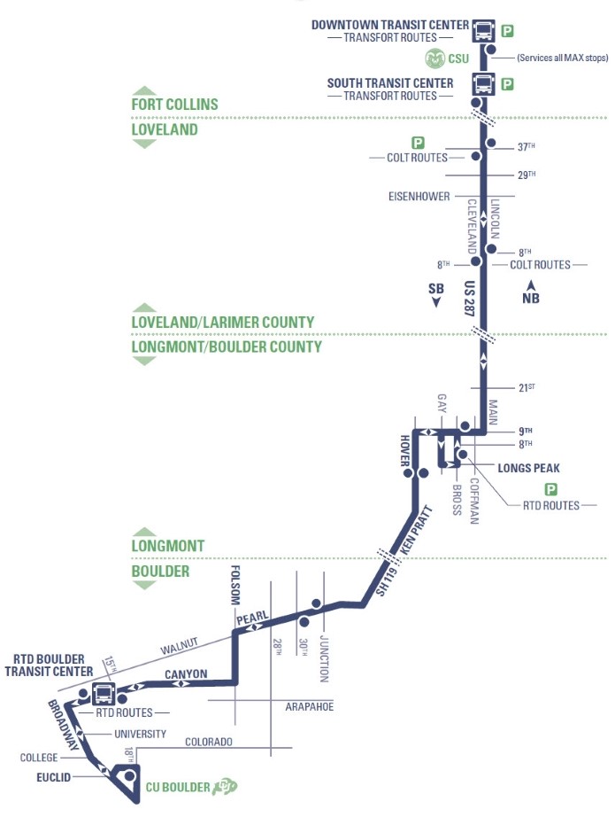 Flex Boulder Express - Fort Collins Downtown Transit Center to CU Boulder via US287 and SH119