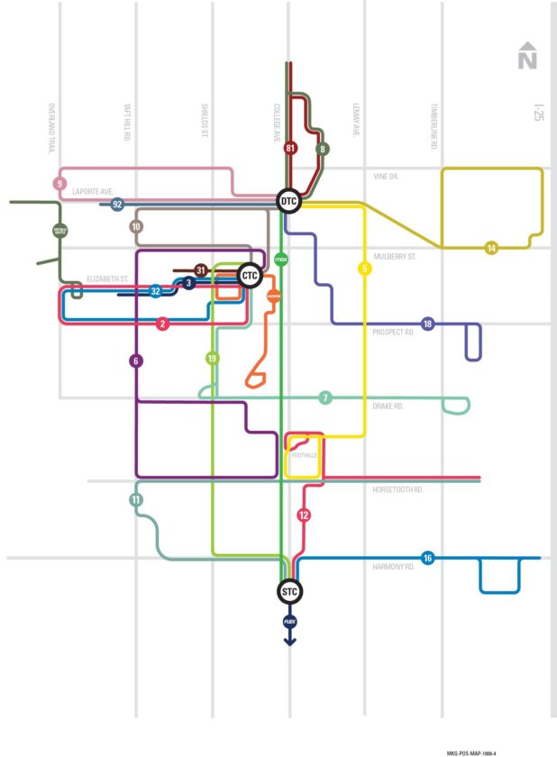 A color coded map of the various bus routes in Fort Collins. 