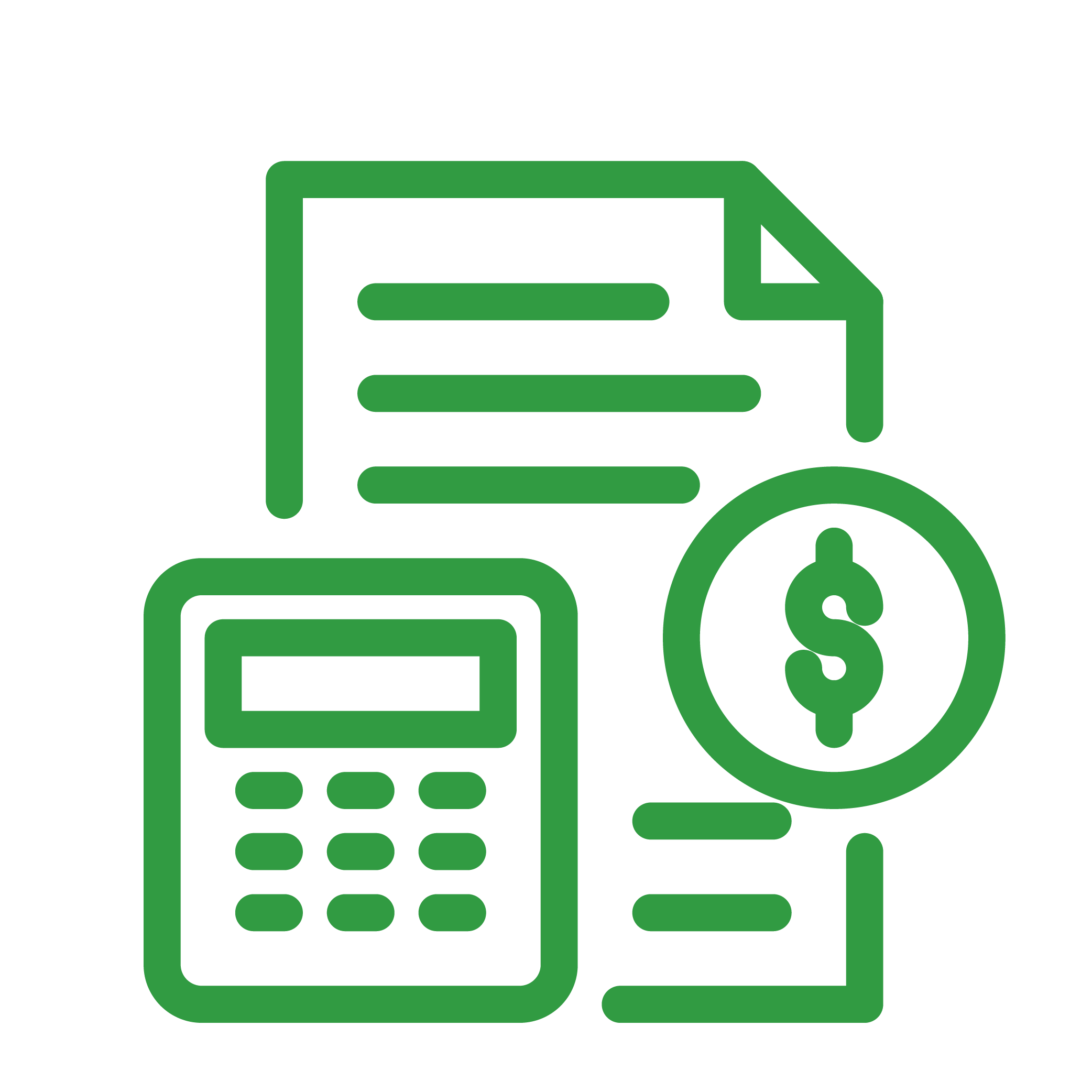 calculator, paper, and money icon