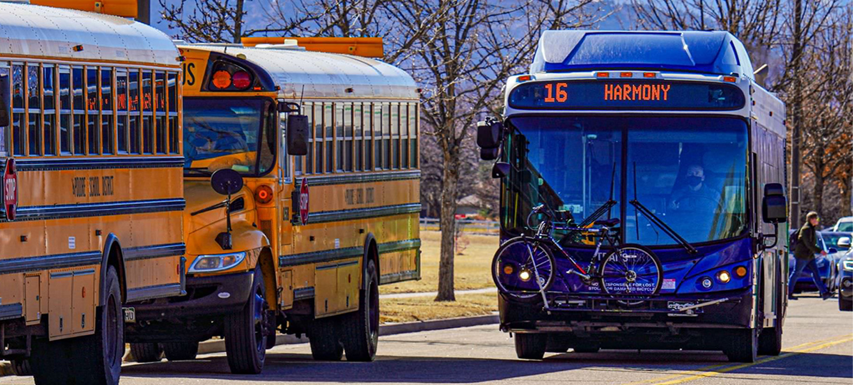 city bus with bicycles on the front of it driving past school buses