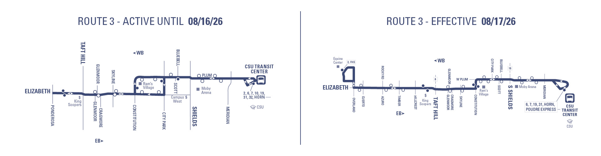 Route 3 - CSU Transit Center to Elizabeth and Ponderosa via Plum and Elizabeth