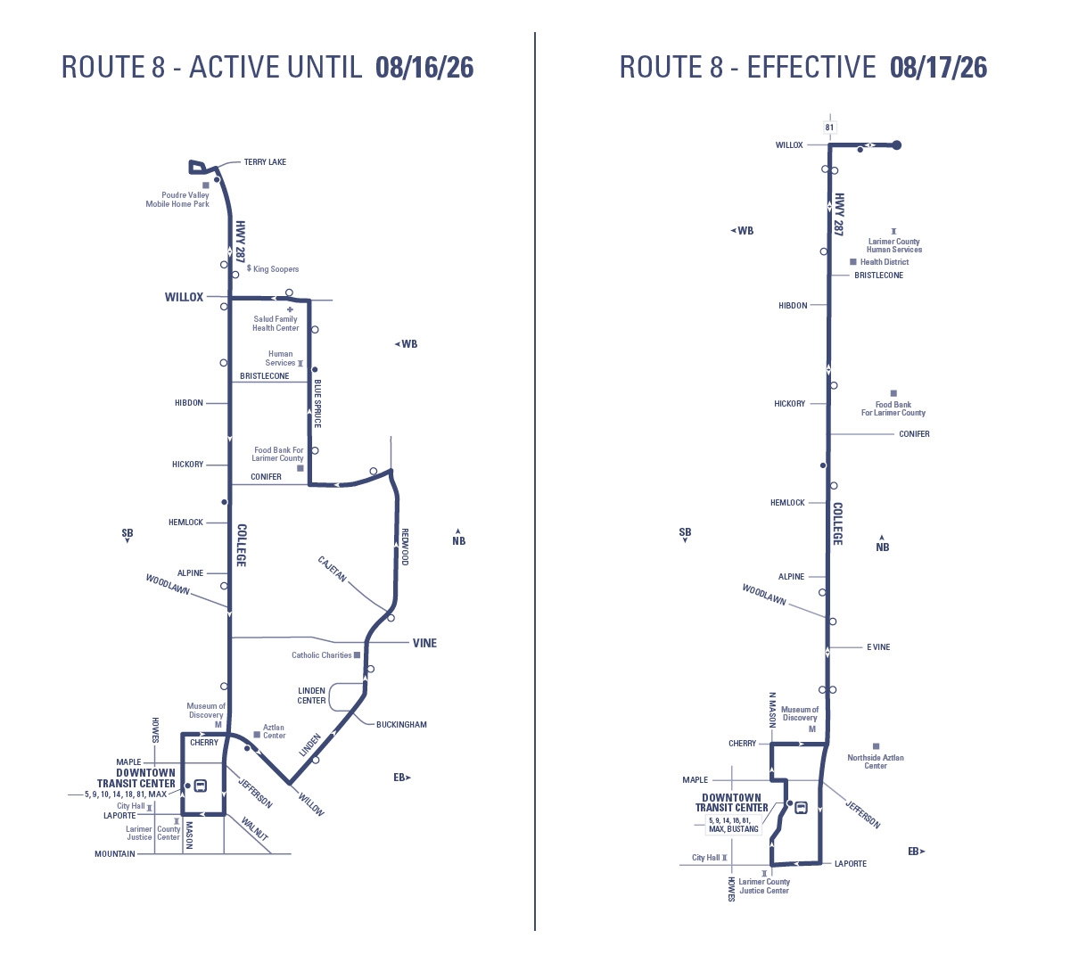 Route 8 - Downtown Transit Center to Terry Lake (loop) via Linden and Redwood (northbound) returning via College (southbound)