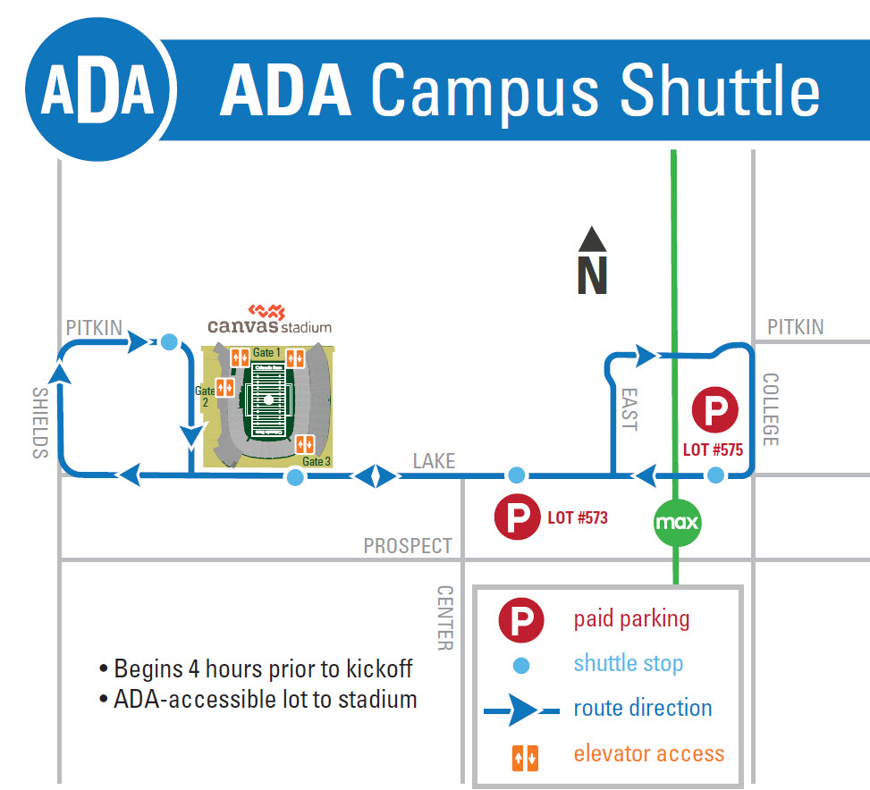Map of campus shuttles used during game days from the parking lots to the stadium.