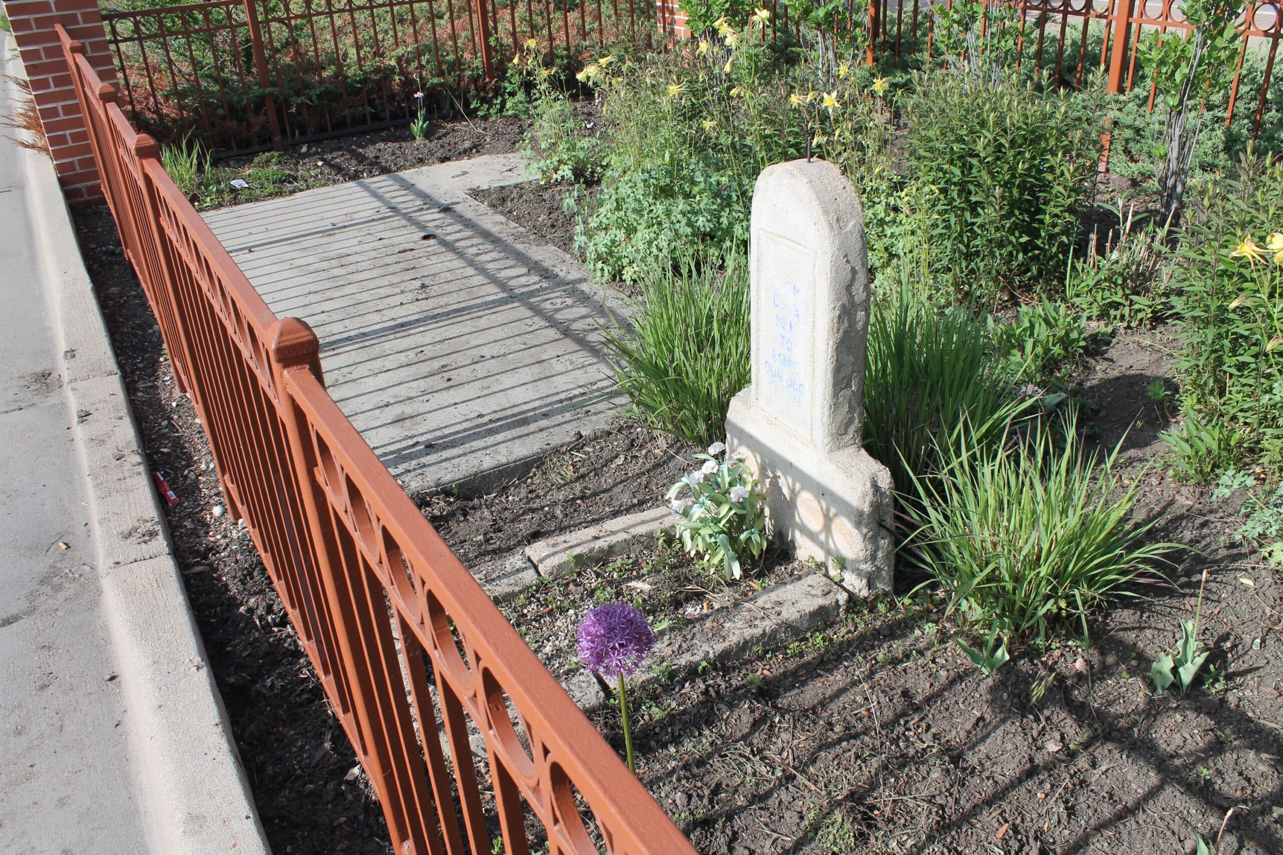 A small fenced in garden with a cement gravestone and plants around it.
