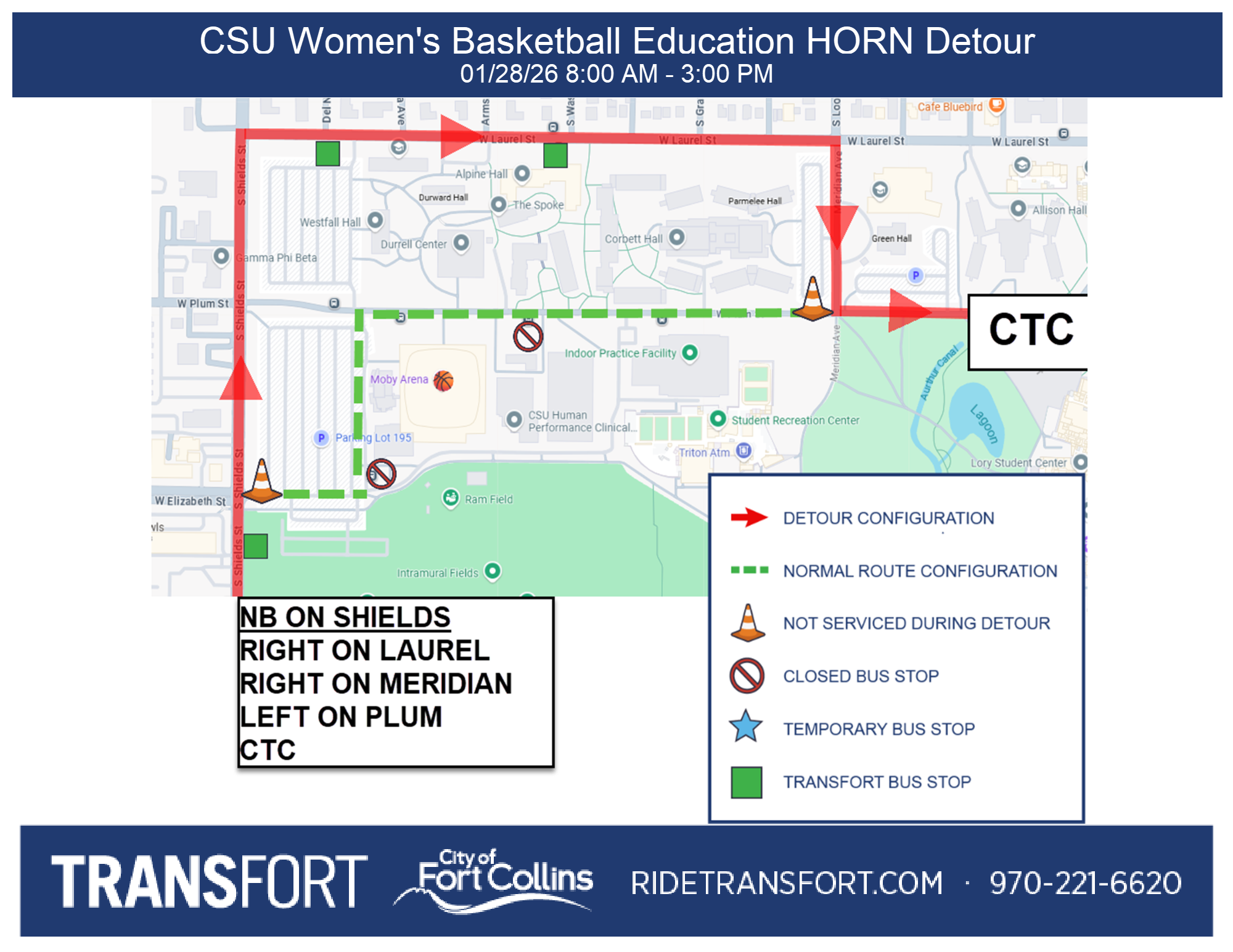 Northbound on Shields: Right on Laurel, Right on Meridian, Left on Plum into CTC.