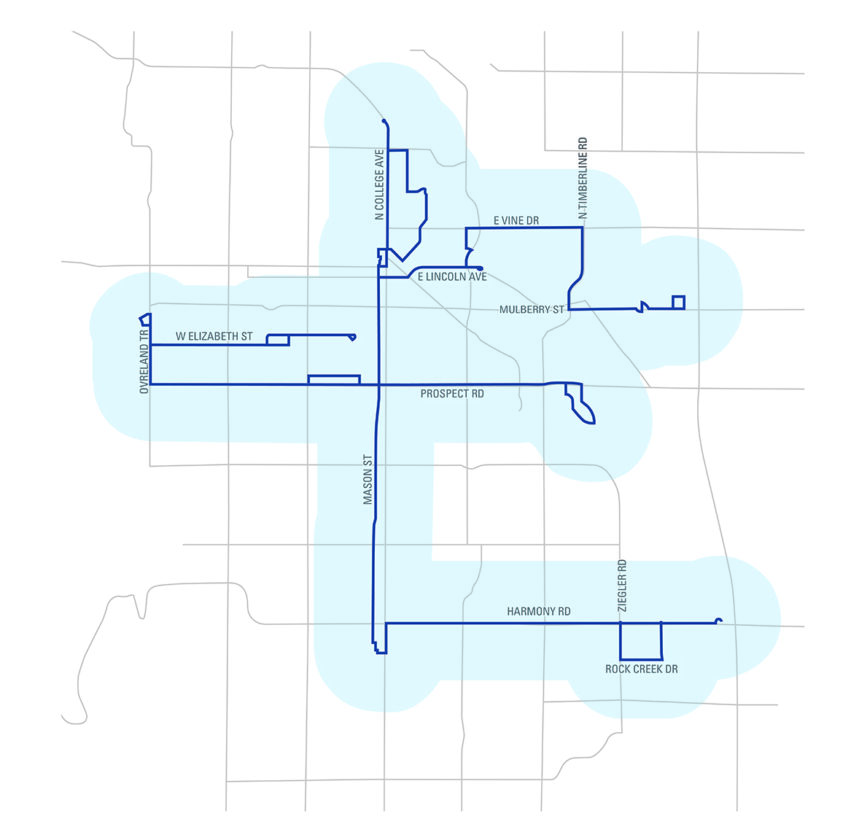 A map outlining a service area of bus routes.