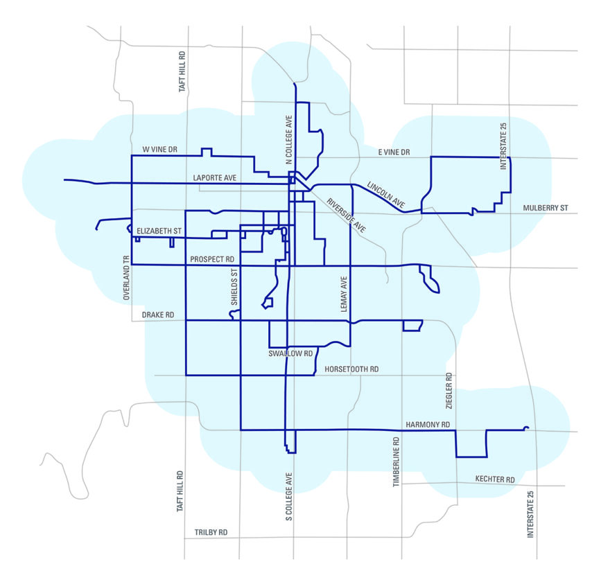 A map outlining service area for bus service and paratransit service.