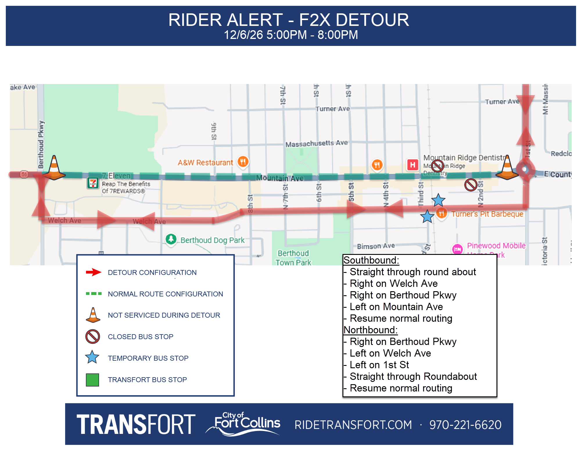 Flex Berthoud Holiday Parade Detour. Effective December 6 2025 from 5 p m to 8 p m . Southbound: Right on Welch Ave, Right on Berthoud Parkway, Left on Mountain Ave, Resume normal routing. Northbound: Right on Berthoud Parkway, Left on Welch Ave, Left on 1st Street. Resume normal routing. Stops closed at Mountain and 3rd, Mountain and 2nd. Temporary stops Northbound and Southbound at Welch and 3rd Ave.