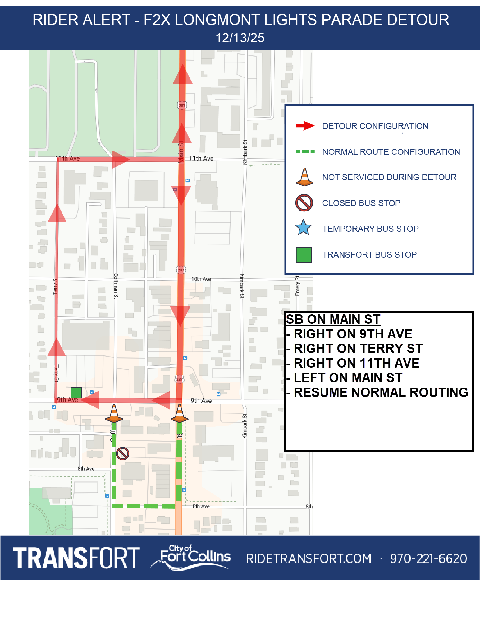 Southbound on Main St: Right on 9th, Right on Terry, Right on 11th, Left on Main, Resume normal routing.