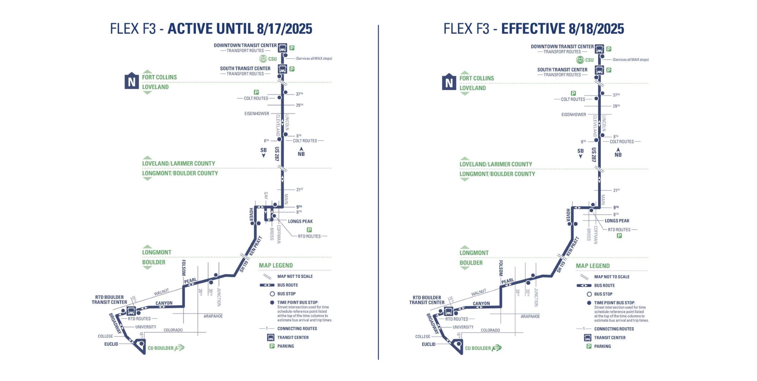 Flex Boulder Express - Fort Collins Downtown Transit Center to CU Boulder via US287 and SH119