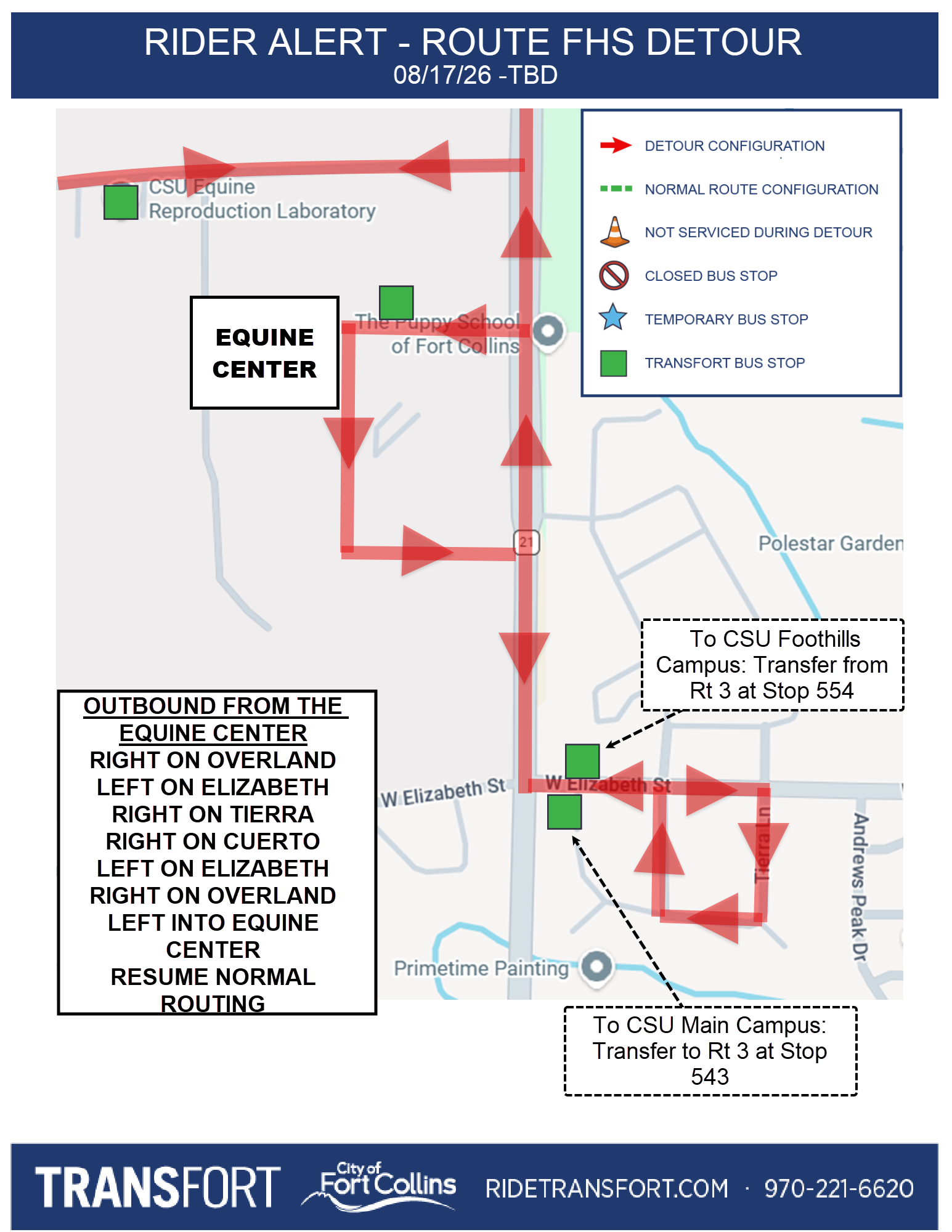 Outbound from the Equine Center, turn right on Overland, Turn left on Elizabeth, Turn right on Tierra, Turn right on Cuerto, Turn left on Elizabeth, Turn right on Overland, Turn left into the Equine Center, Resume Normal Routing