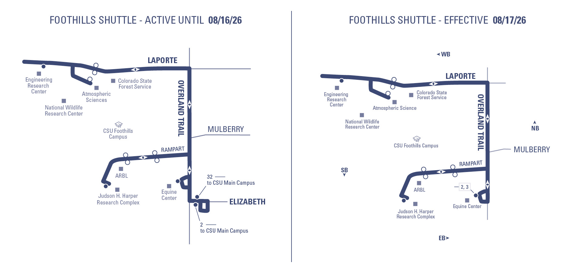 Foothills Shuttle - Serving Engineering Research Center, Atmospheric Sciences, Judson Harper Research Complex, Equine Center 
