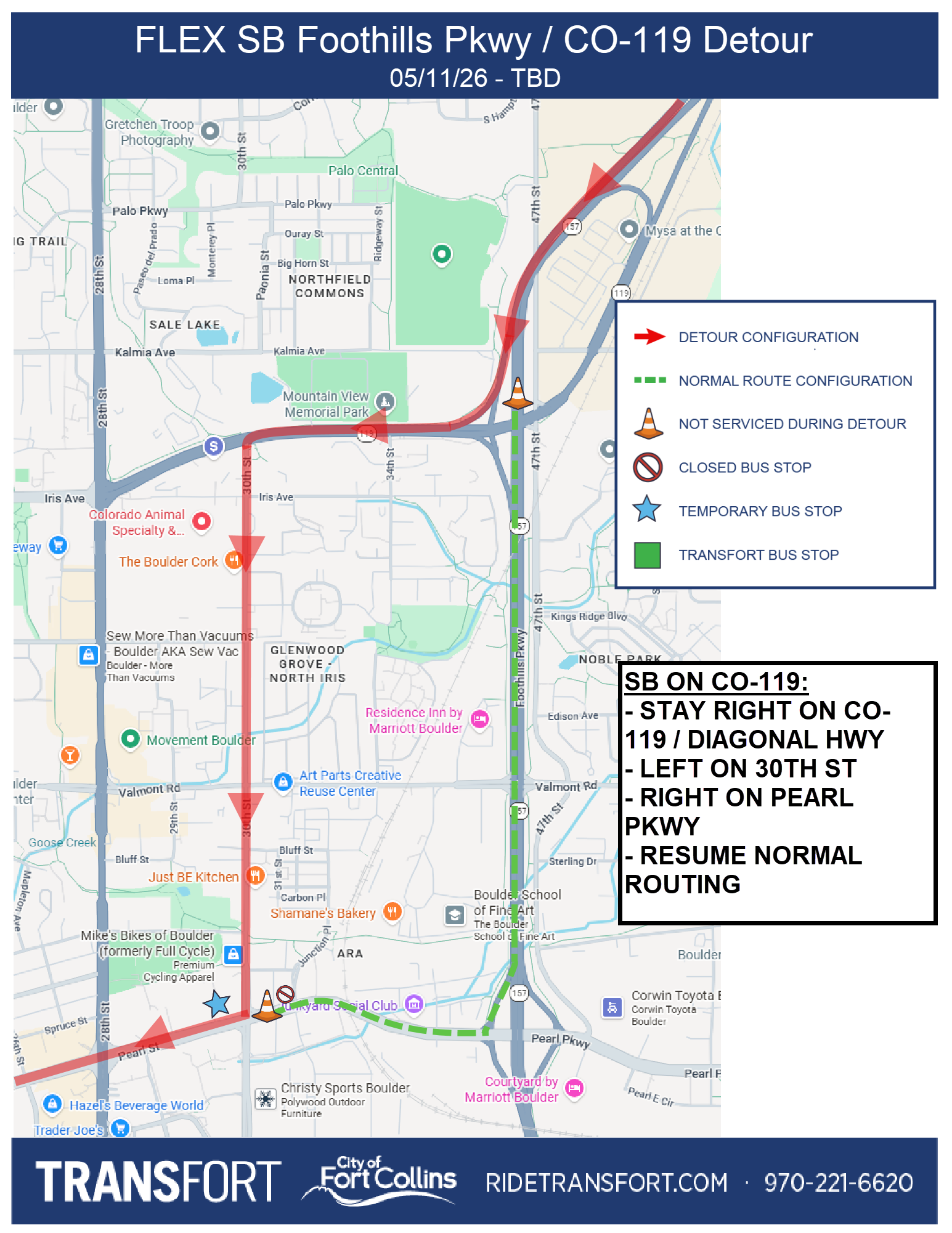 Southbound on CO-119: Stay right on CO-119 / Diagonal Hwy, left on 30th St., right on Pearl Pkwy, resume normal routing.