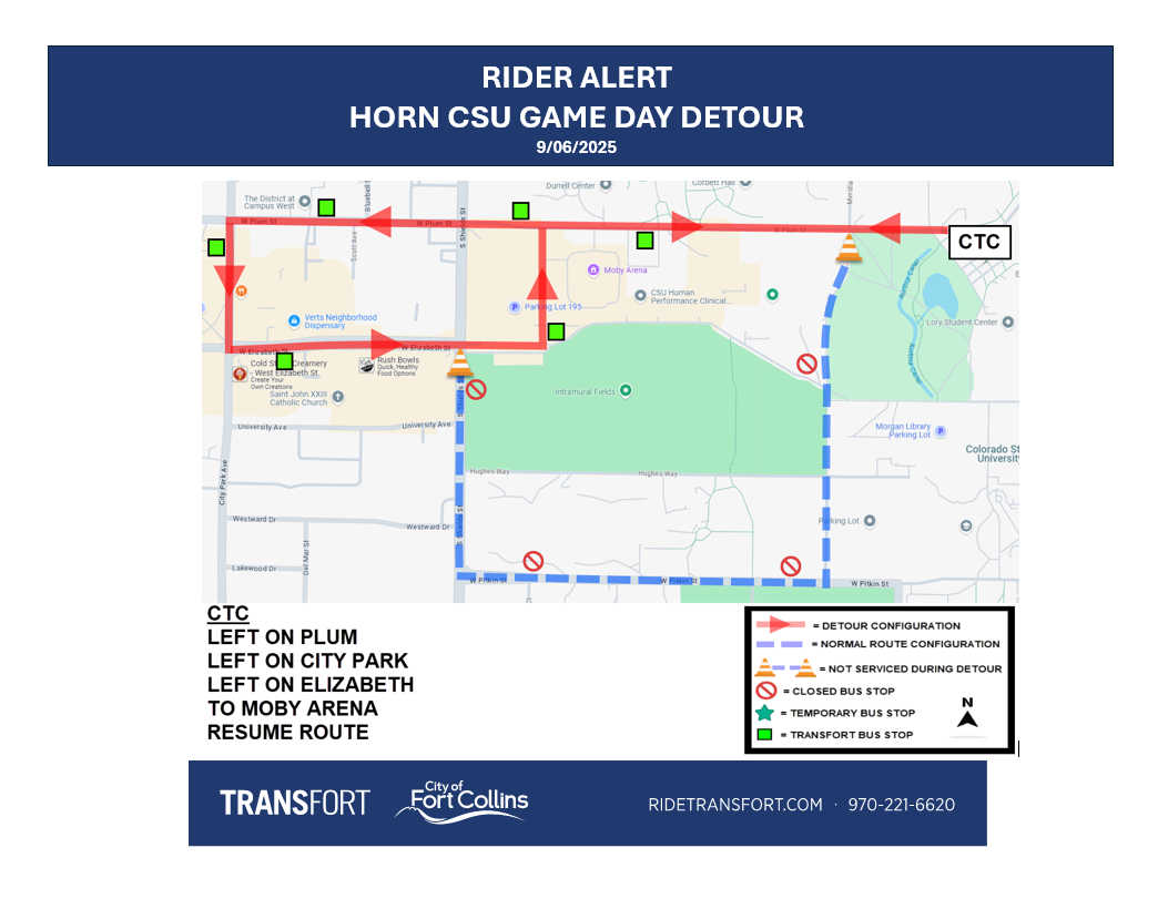 Departing Westbound on Plum from CSU Transit Center, Left on City Park, Left on Elizabeth, into Moby Arena to resume normal routing