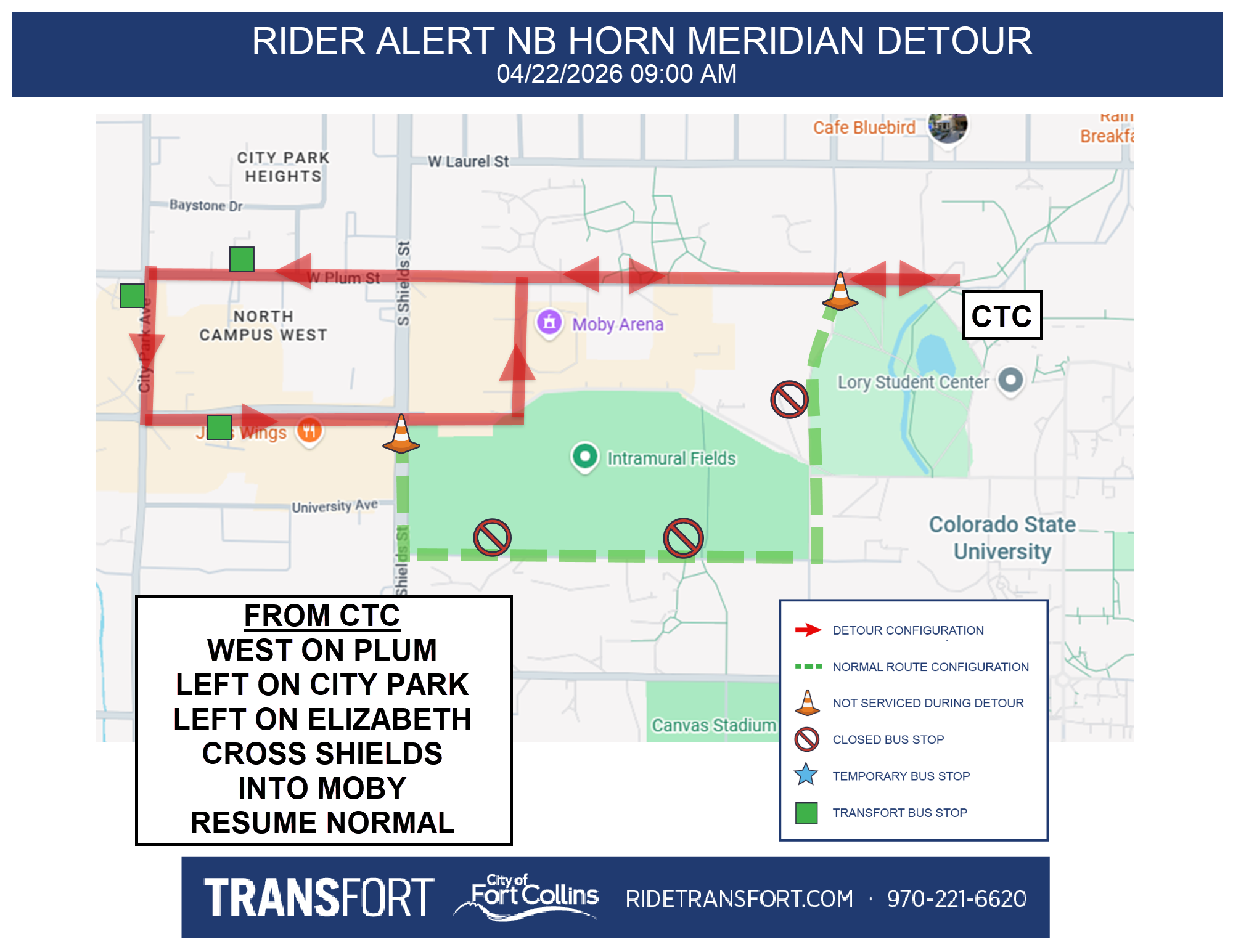 From CTC: West on Plum, left on City Park, left on Elizabeth, cross Shields into Moby Arena, resume normal routing.