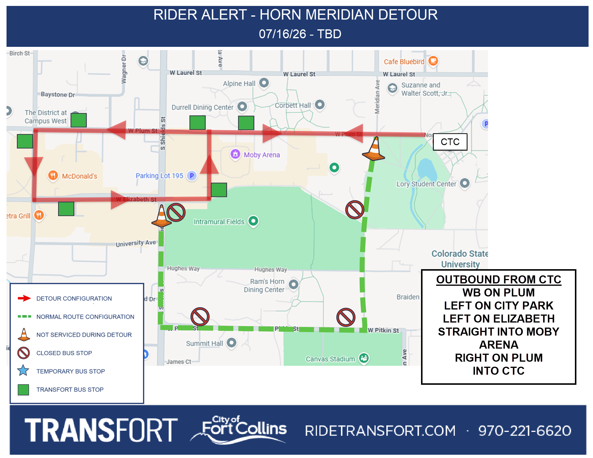 Outbound from CTC: Westbound on Plum, left on City Park, left on Elizabeth, straight into Moby Arena, right on Plum into CTC, resume normal routing