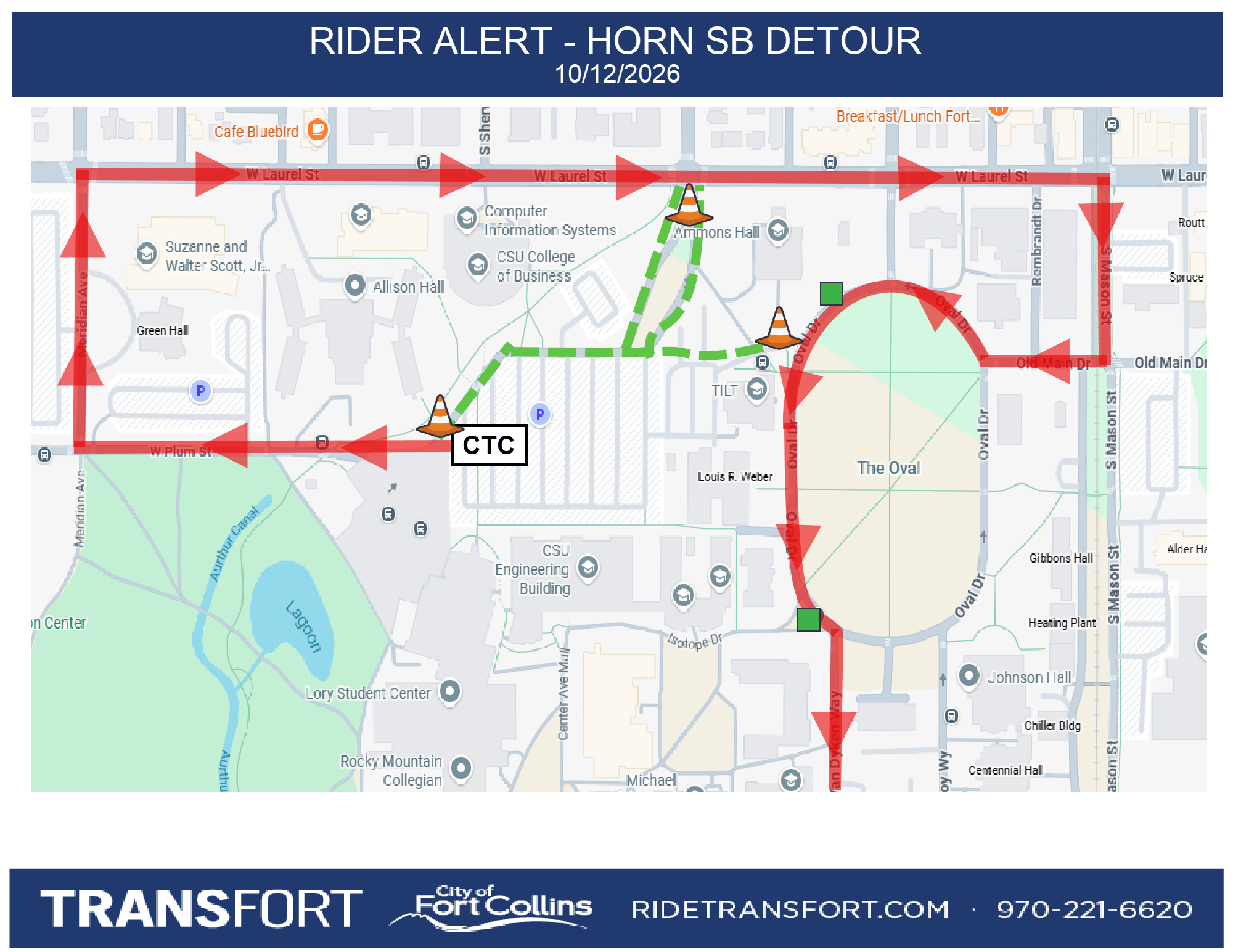 West on Plum, Right on Meridian, Right on Laurel, Right on Mason, Right on Old Main Dr, Right into Oval Dr
