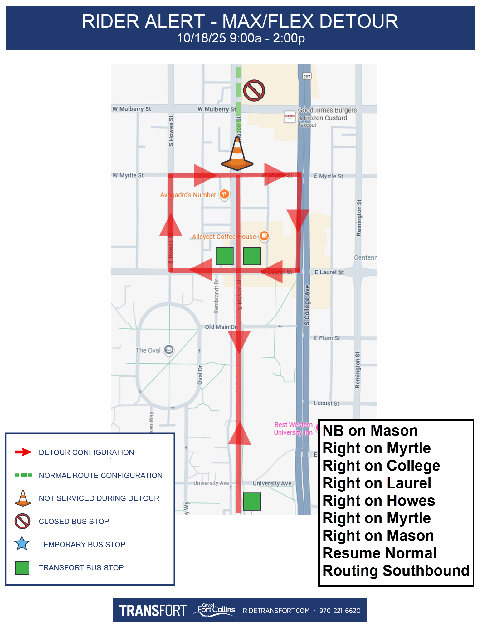 Northbound on Mason, Right on Myrtle, Right on College, Right on Laurel, Right on Howes, Right on Myrtle, Right on Mason, Resume Normal Routing Southbound
