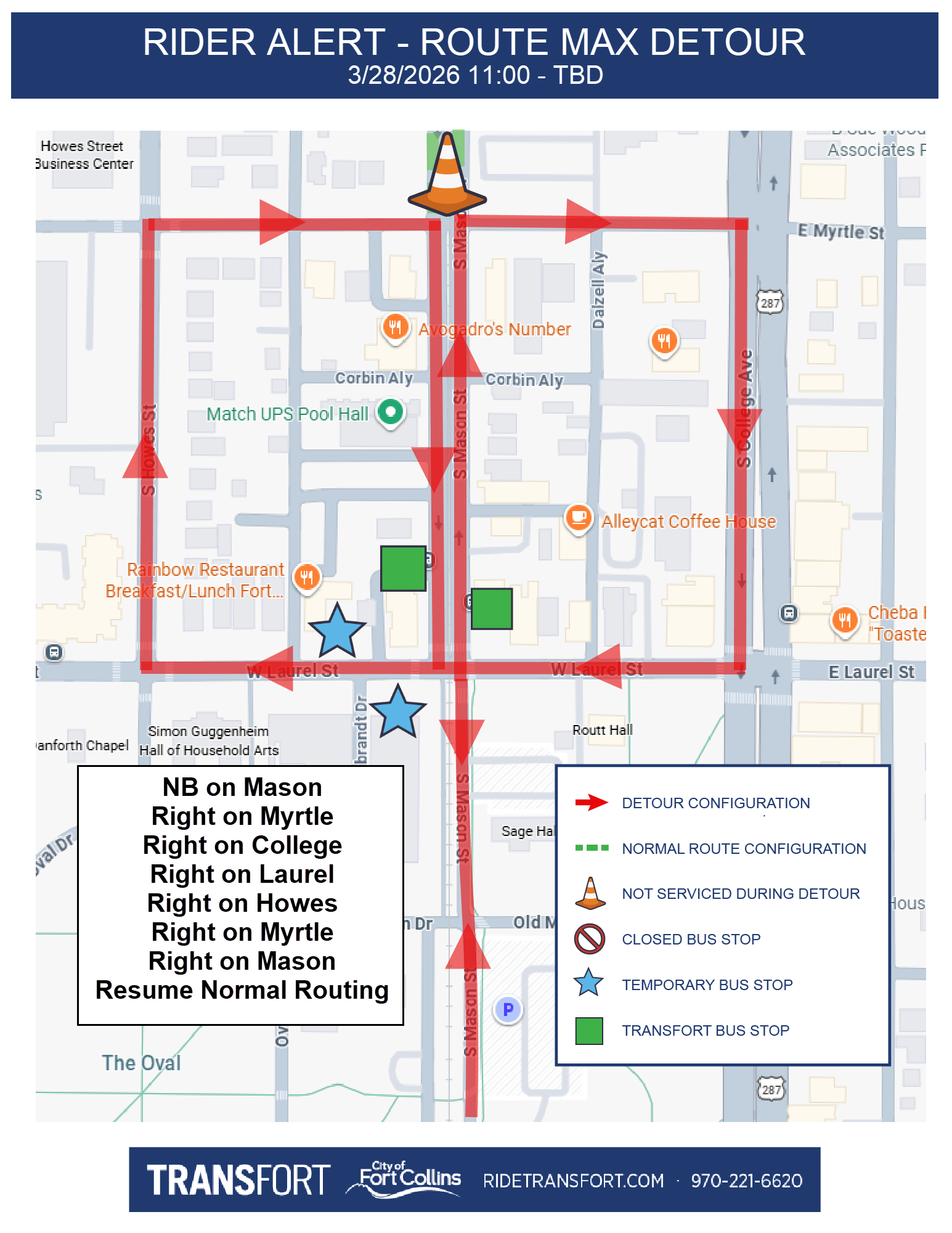 Northbound on Mason, Right on Myrtle, Right on College, Right on Laurel, Right on Howes, Right on Myrtle, Right on Mason, Resume Normal Routing