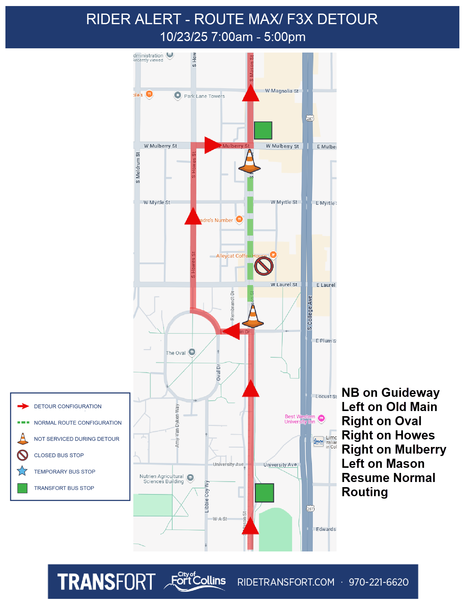 northbound on Guideway, left on Old Main, right on Oval, right on Howes, right on Mulberry, left on Mason, resume normal routing