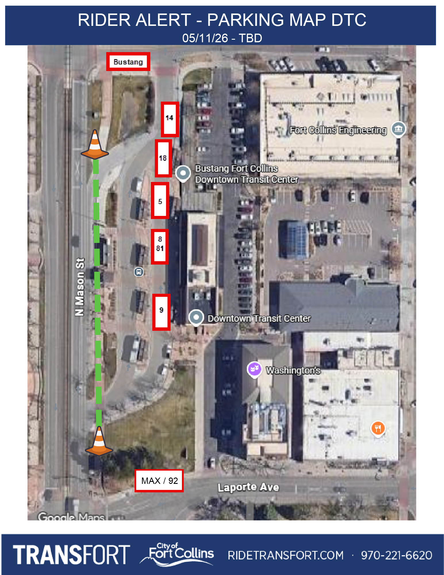 Detour Parking Map at DTC. Platform order from North to South: Route 14, 18, 5, 8/81, 9, and MAX/92. 05/11/2026-TBD.