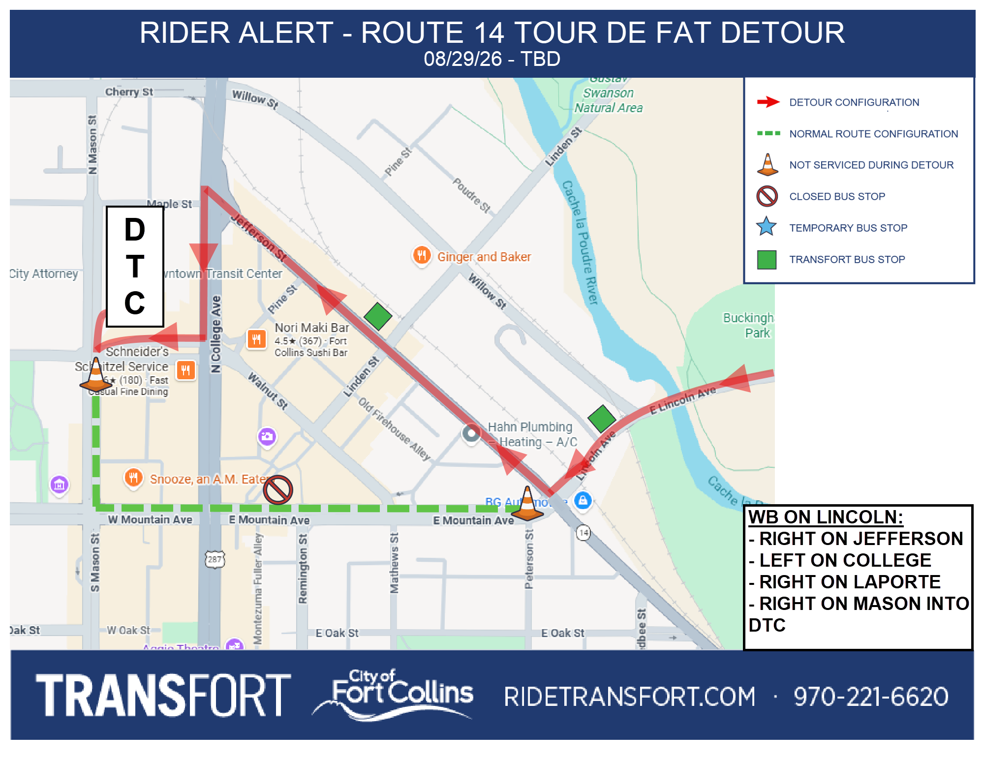 Westbound on Lincoln: Right on Jefferson, left on College, right on Laporte, right on Mason into DTC