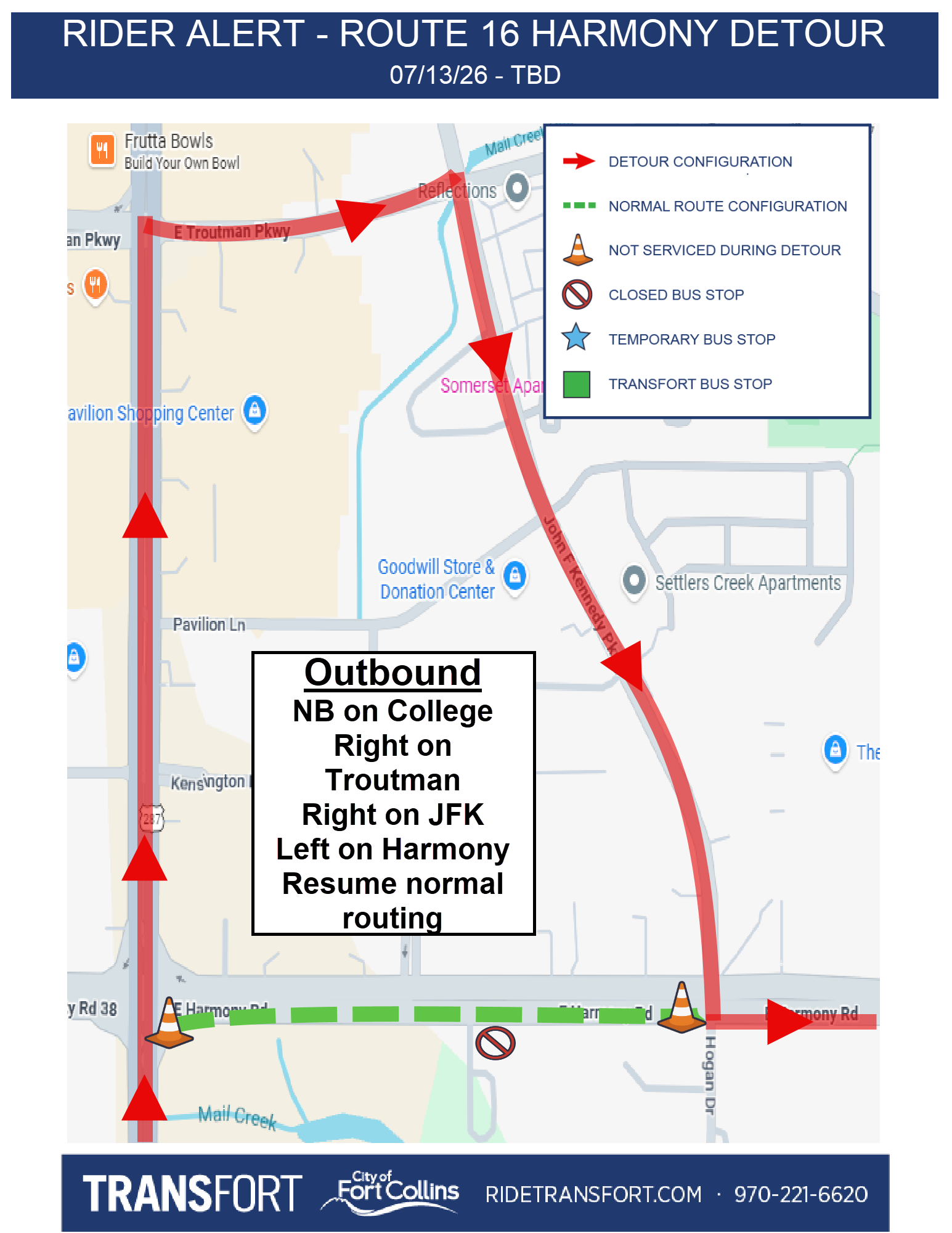 NB on College, Right on Troutman, Right on JFK, Left on Harmony, Resume normal routing. Stop missed at Harmony + College #1667.