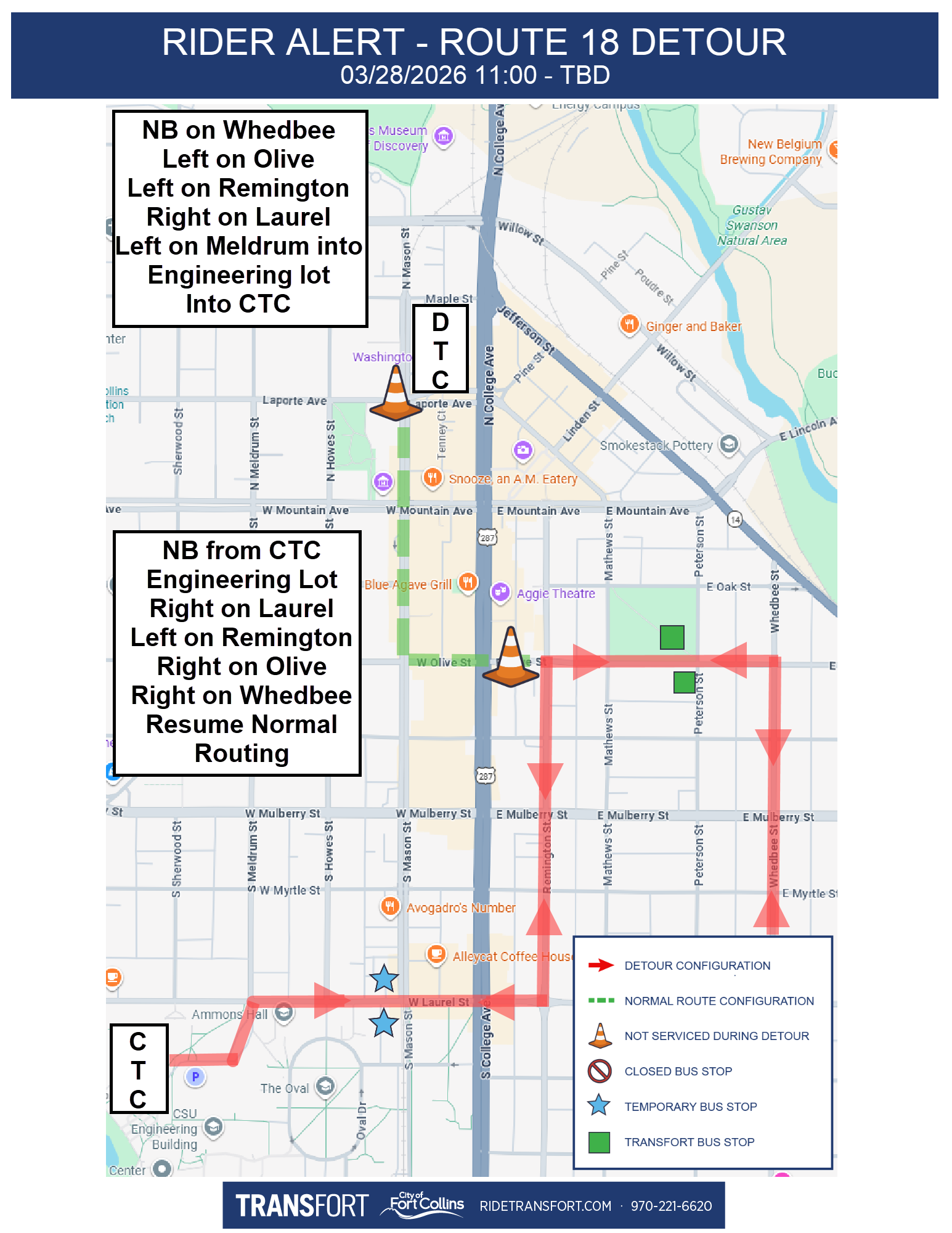 Northbound on Whedbee, Left on Olive, Left on Remington, Right on Laurel, Left on Meldrum into Engineering Lot into CTC. Northbound from CTC Engineering Lot, Right on Laurel, Left on Remington, Right on Olive, Right on Whedbee, Resume Normal Routing.