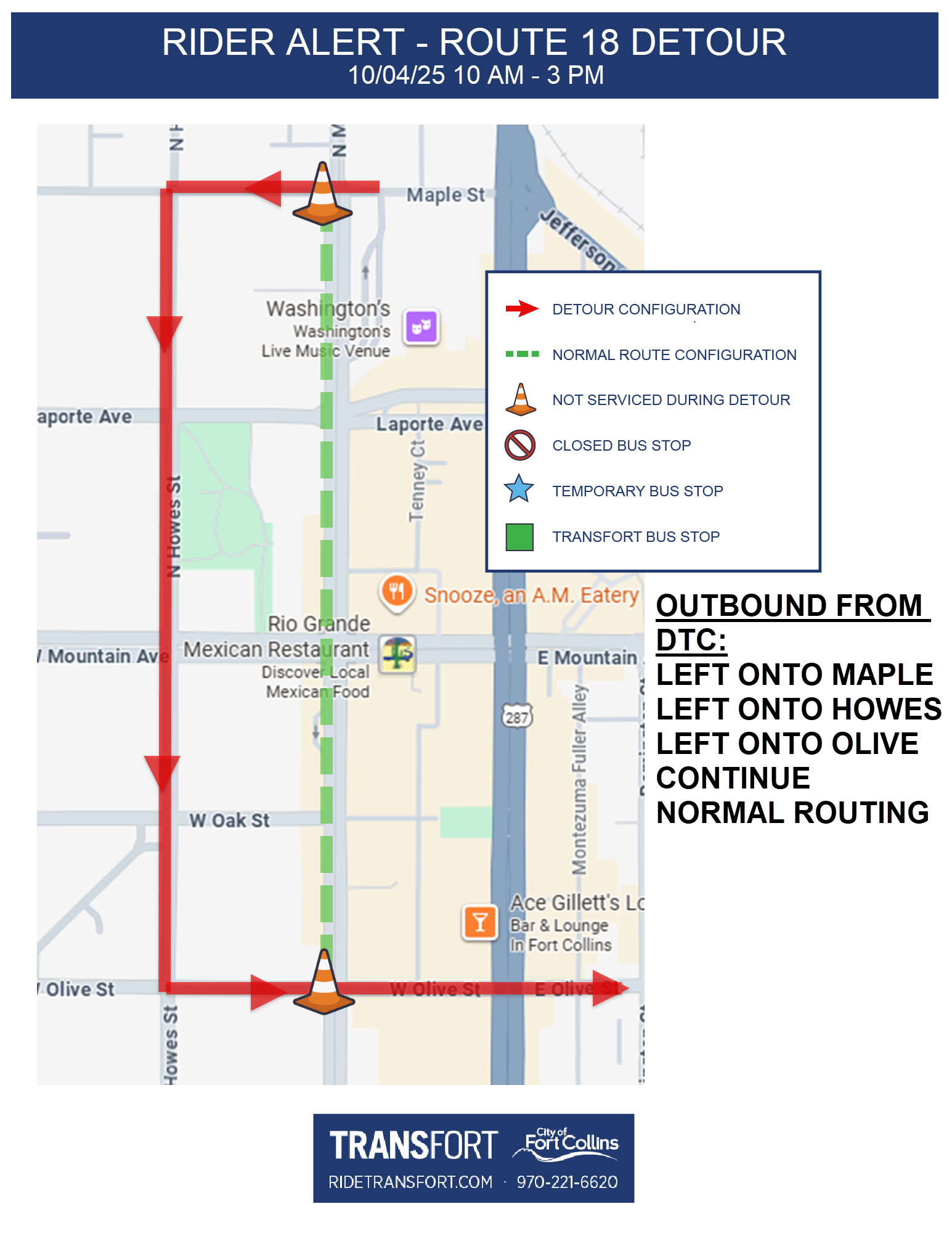 Detour Map Route 18. Effective 10/4/25 from 10 am to 3 pm. Outbound from downtown transit center. Left onto Maple, Left onto Howes, Left onto Olive, Continue Normal Routing.