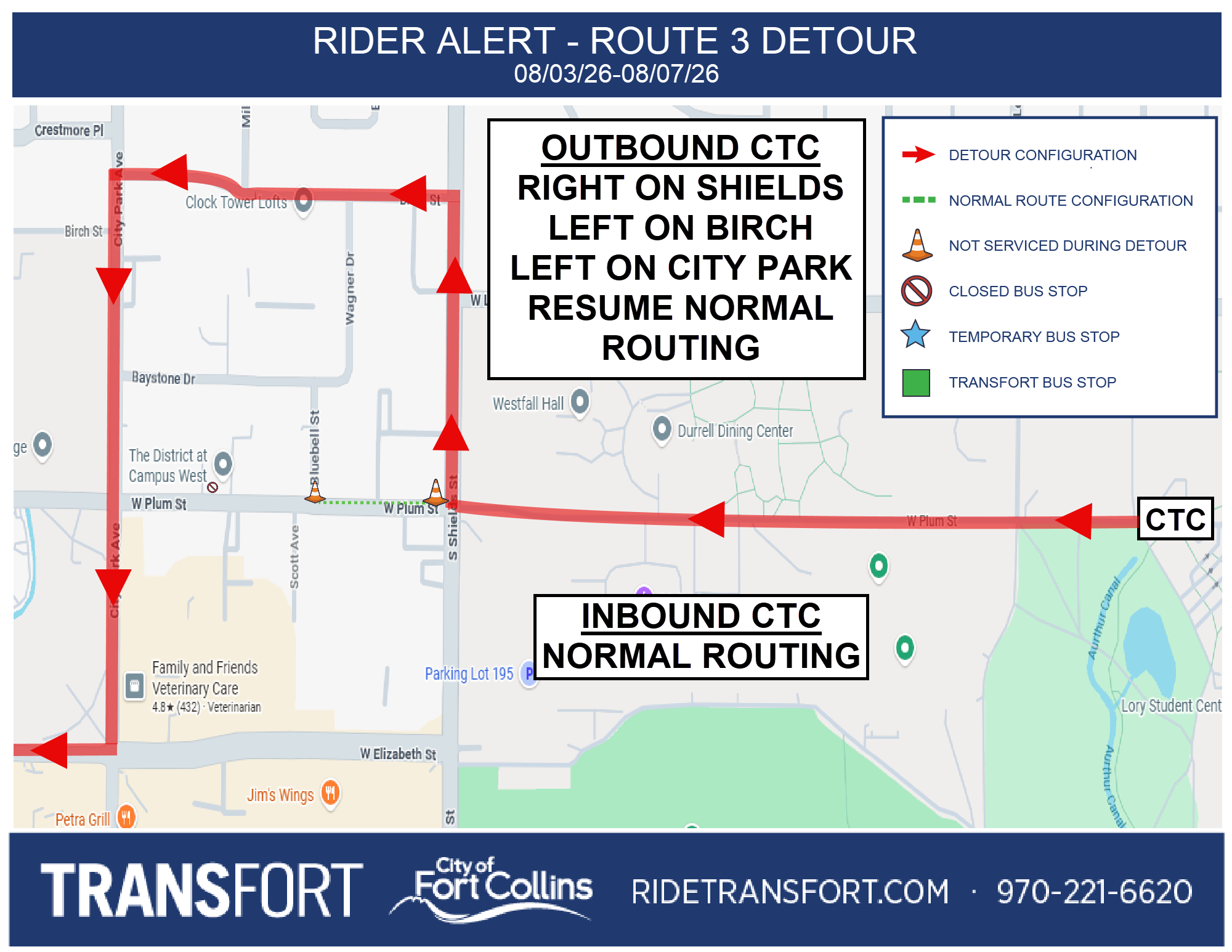 Detour map Route 3 Westbound Detour, Plum to Shields, Right on Shields, Left on Birch, Left on City Park, Resume normal Routing