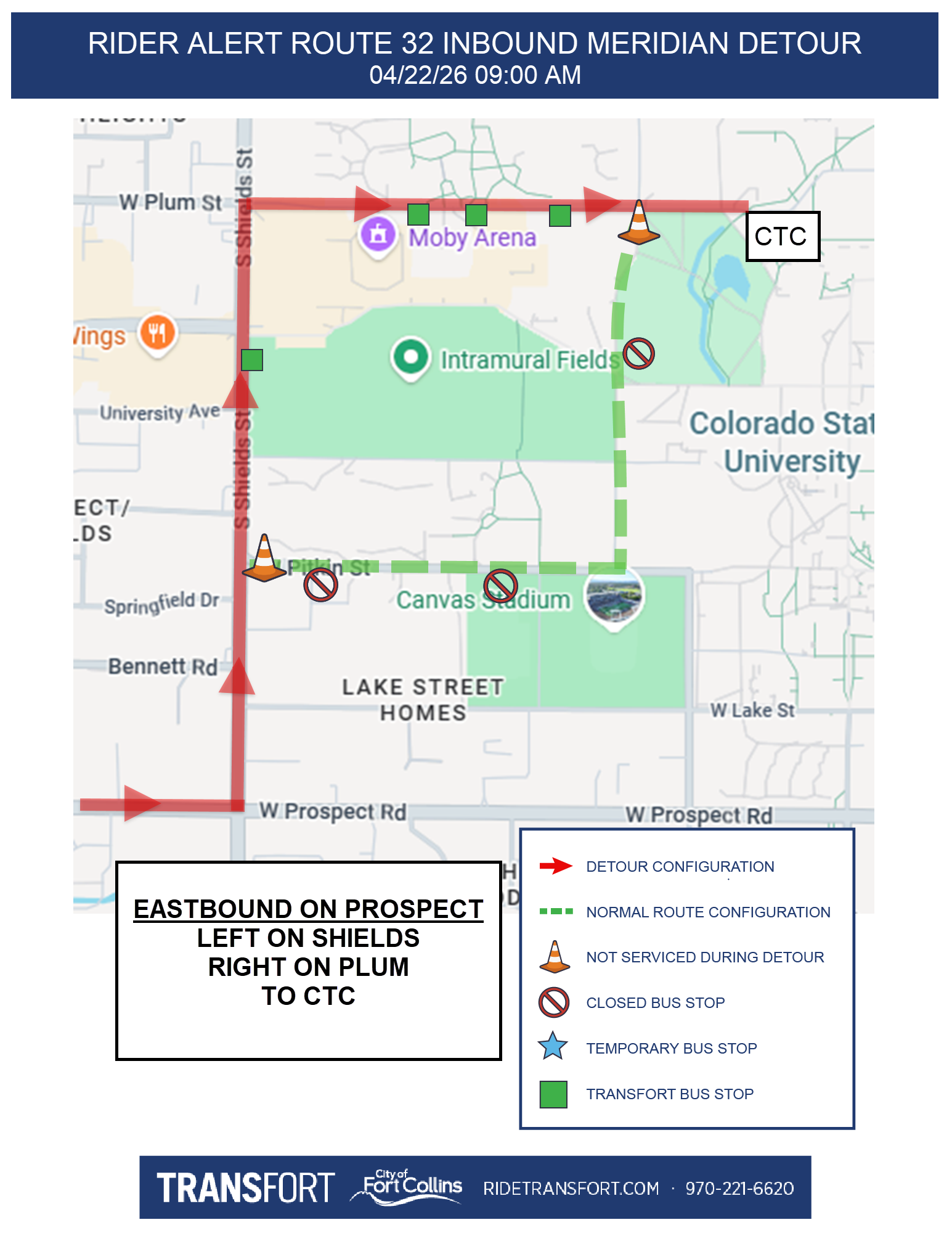 Eastbound on Prospect: Left on Shields, Right on Plum into CTC.