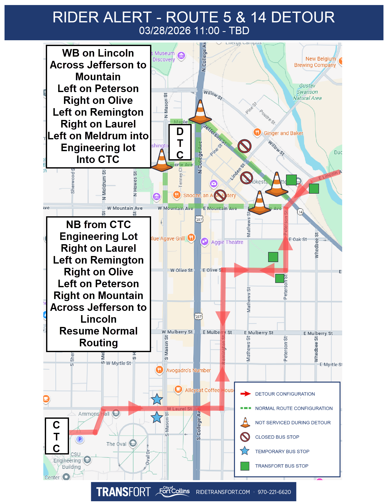 Westbound on Lincoln, Across Jefferson to Mountain, Left on Peterson, Right on Olive, Left on Remington, Right on Laurel, Left on Meldrum into Engineering Lot Into CTC. Northbound from CTC Engineering Lot, Right on Laurel, Left on Remington, Right on Olive, Left on Peterson, Right on Mountain, Across Jefferson to Lincoln, Resume Normal Routing.