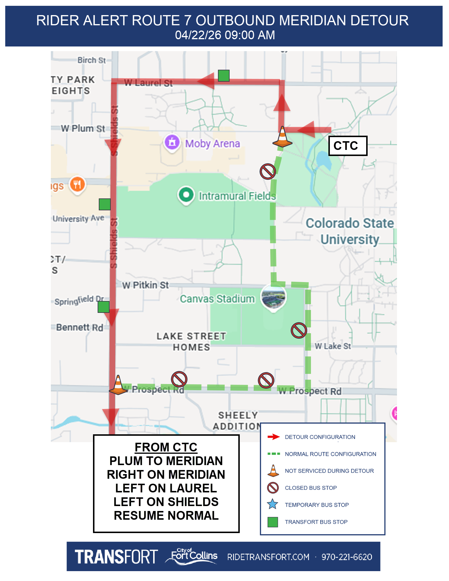 From CTC: Plum to Meridian, right on Meridian, left on Laurel, left on Shields, resume normal routing.