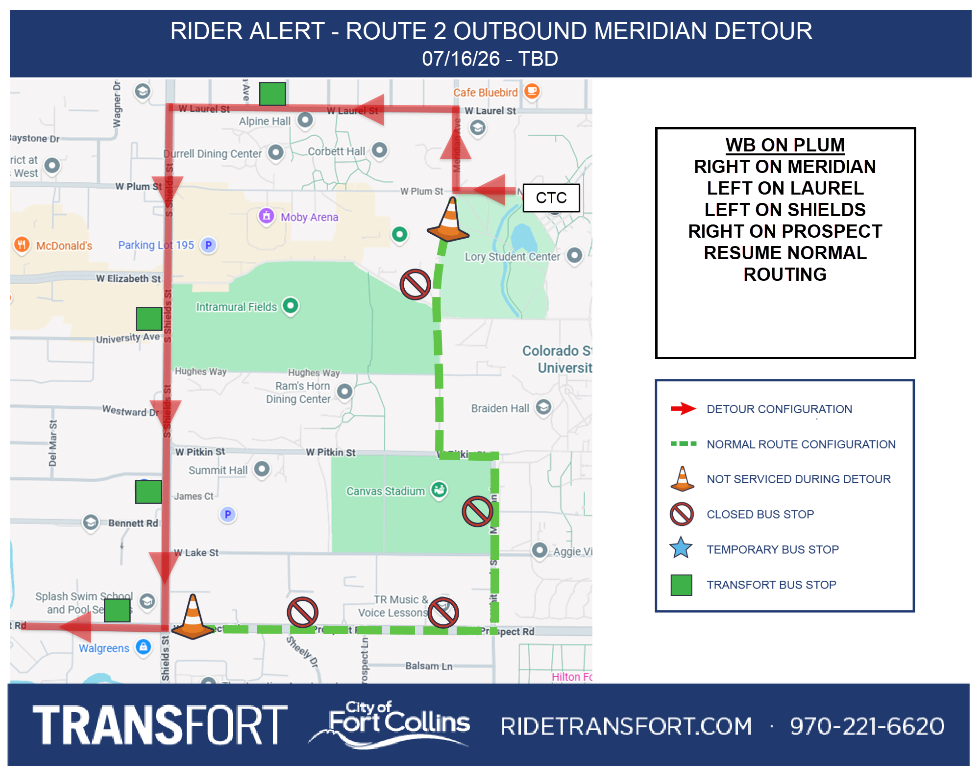 Westbound on Plum: Right on Meridian, left on Laurel, left on Shields, right on Prospect, resume normal routing