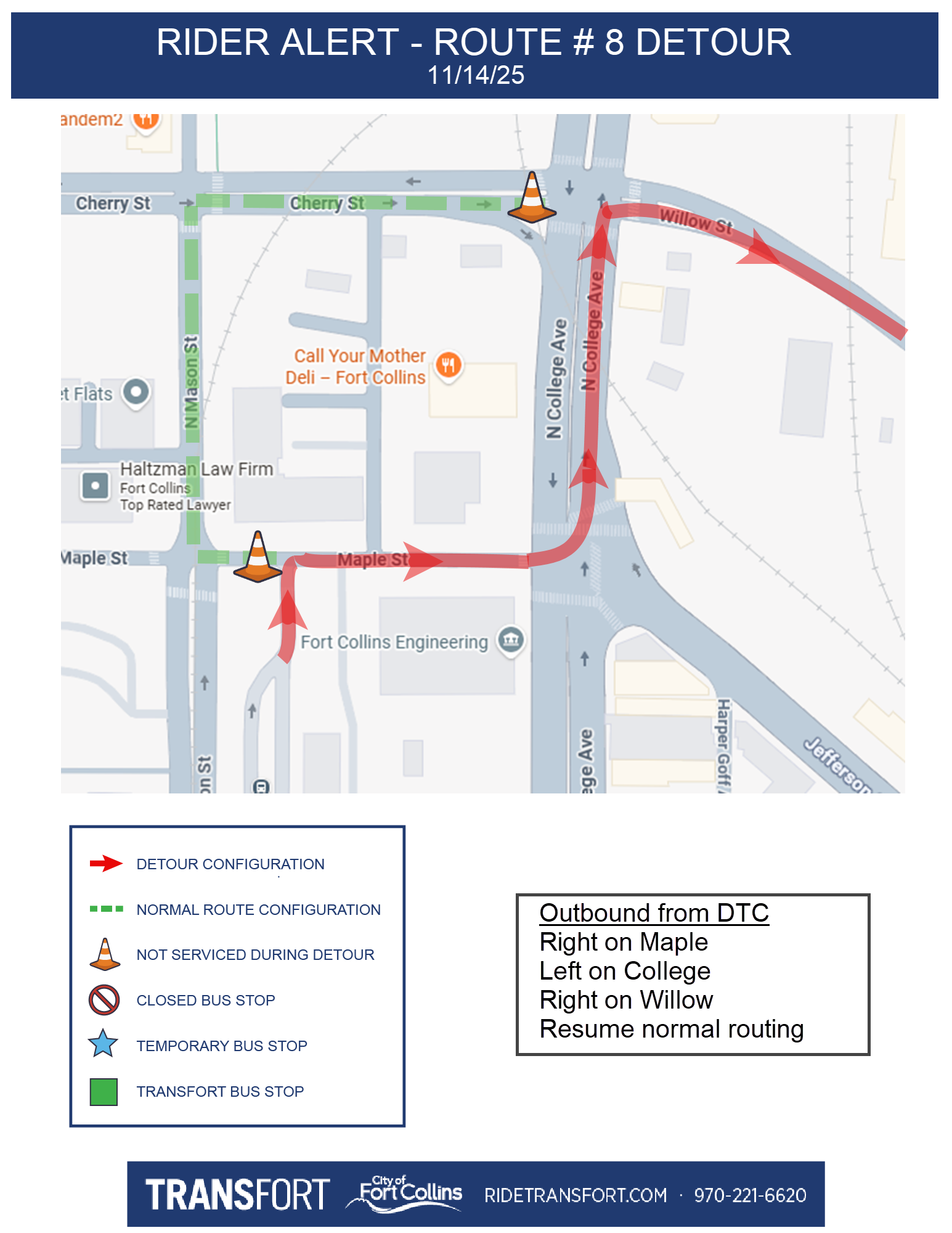 Outbound from DTC: Right on Maple, Left on College, Right on Willow, Resume normal routing.