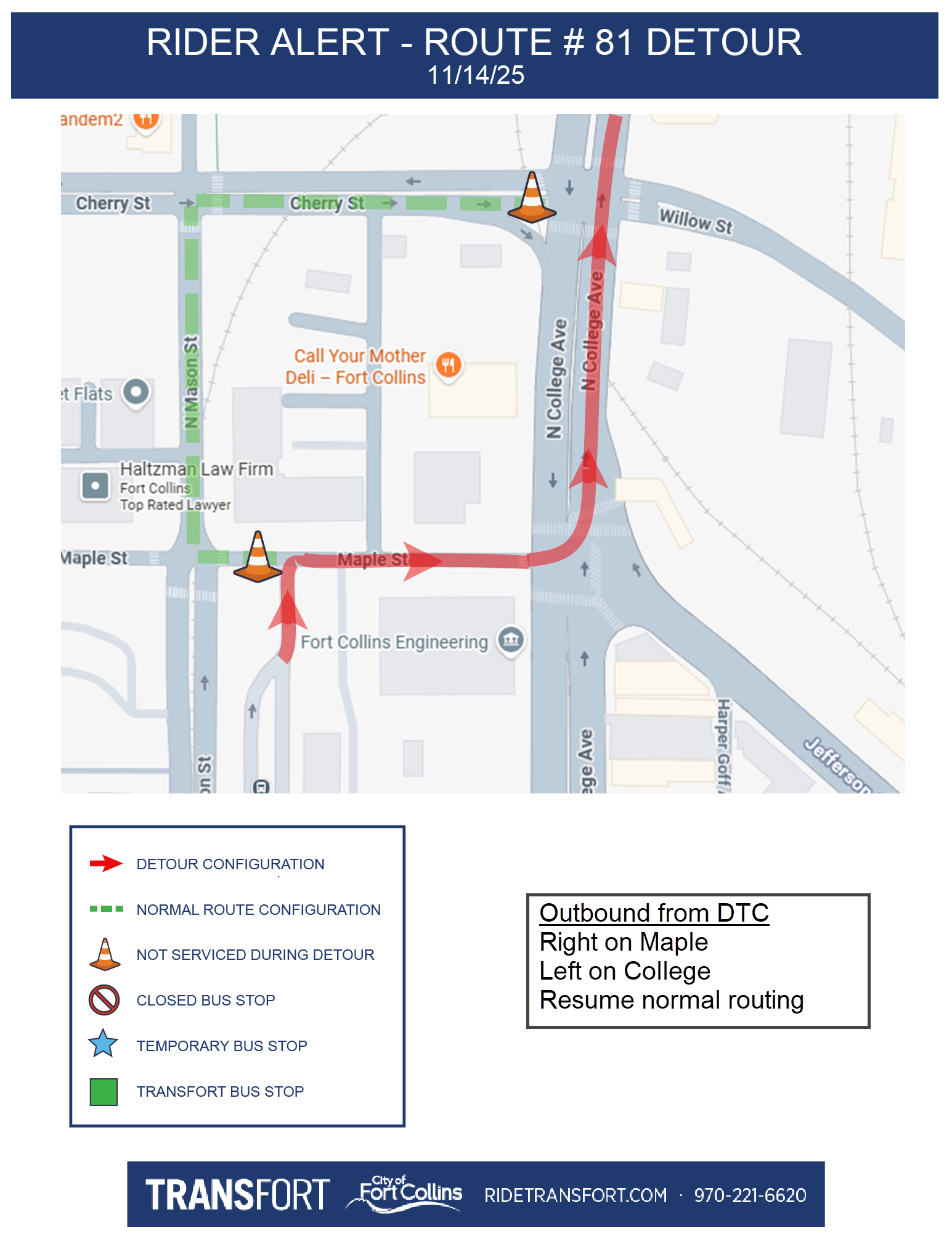 Outbound from DTC: Right on Maple, Left on College, Resume normal routing.