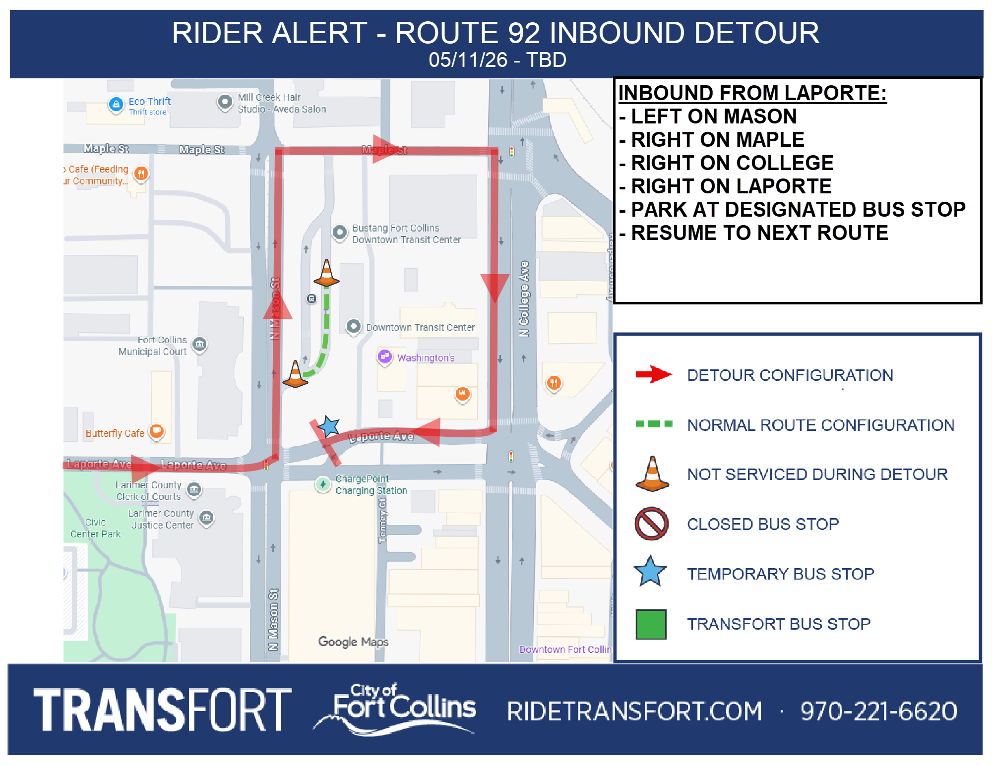 Inbound from Laporte: Left on Mason, right on Maple, right on College, right on Laporte, park at designated bus stop. Resume to next route.