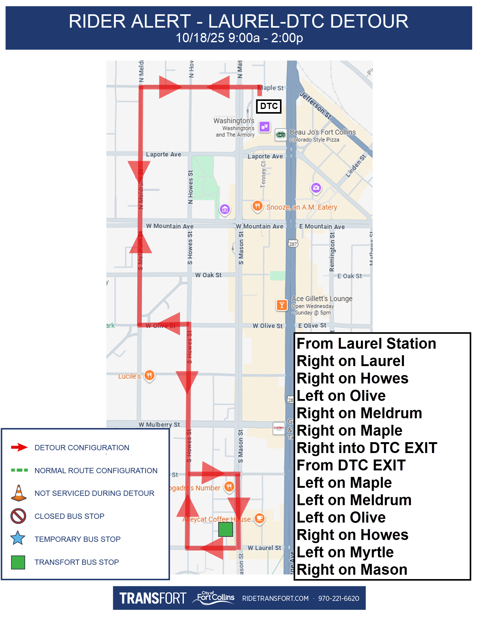 From Laurel Station, Right on Laurel, Right on Howes, Left on Olive, Right on Meldrum, Right on Maple, Right into DTC Exit, From DTC Exit, Left on Maple, Left on Meldrum, Left on Olive, Right on Howes, Left on Myrtle, Rigtht on Mason