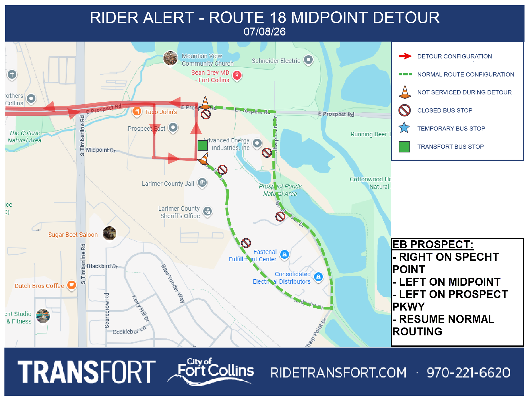 Eastbound on Prospect: Right on Specht Point, left on Midpoint, left on Prospect Parkway, resume normal routing.